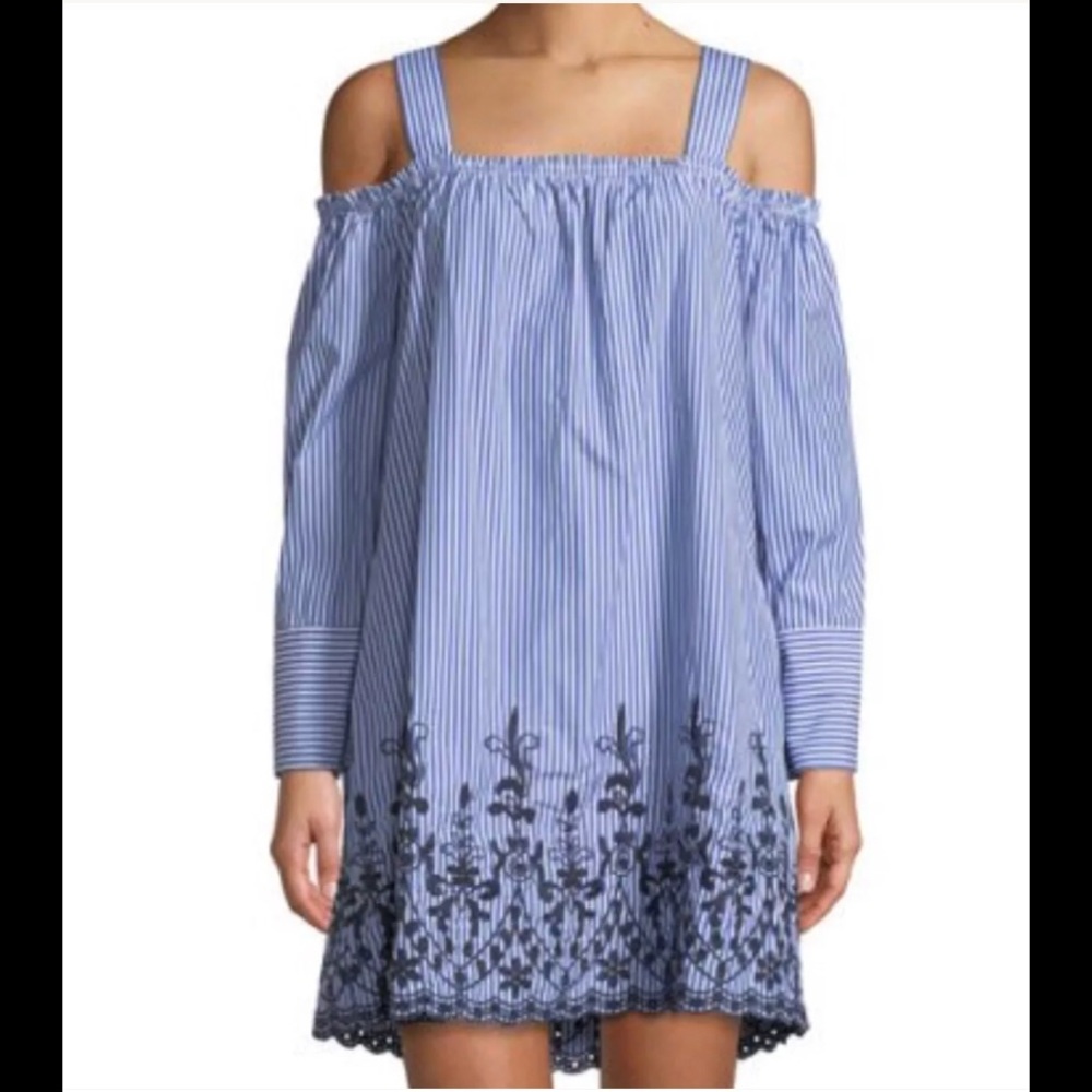 Neiman Marcus Embroidered ColdShoulder Shift Dress